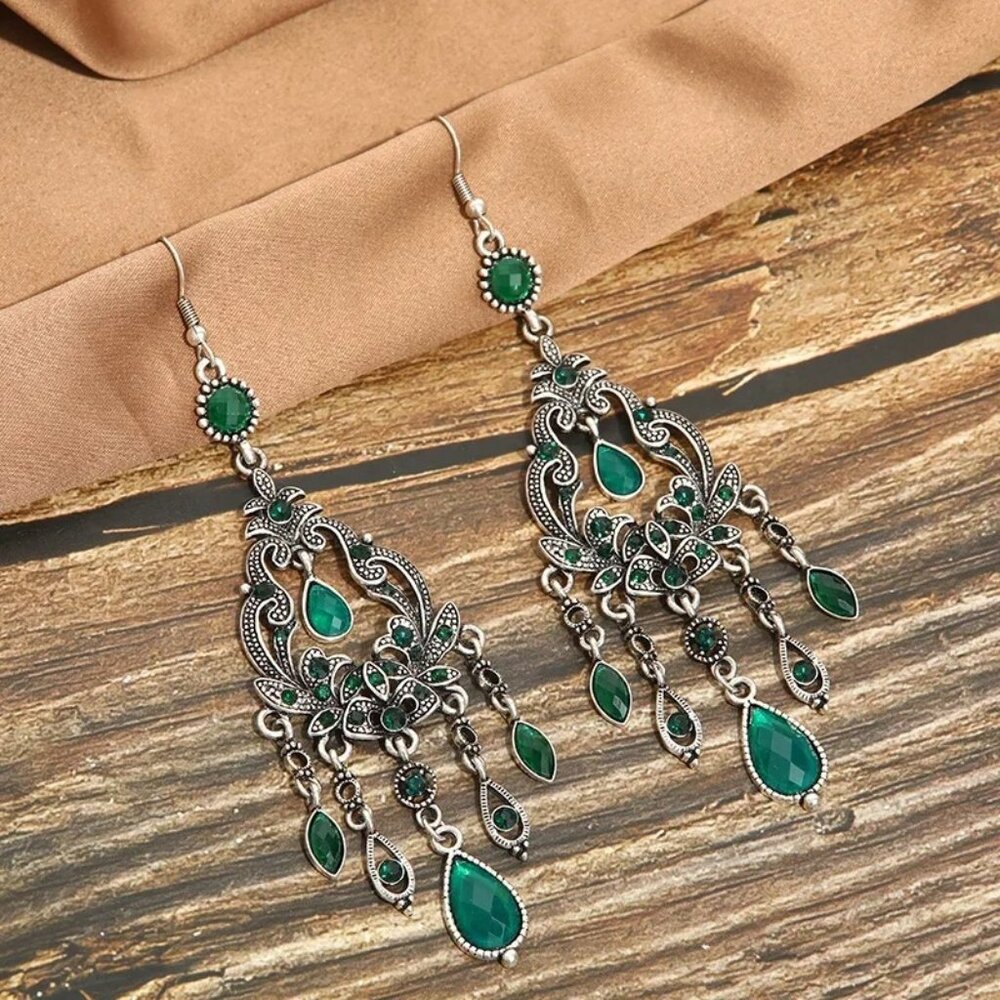 2/$24 Silver Boho Chandelier Dangle Earrings With Emerald Green Gem Accents